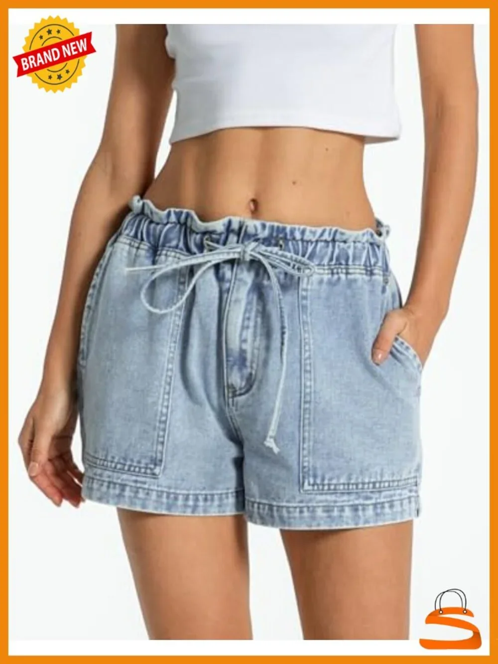 Drawstring Denim Shorts - Baggy Jean Shorts with Elastic Waist